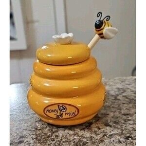Honey Miel ( French) Ceramic Beehive Jar Pot w Wood Bumble Bee Dipper 3" Kitchen